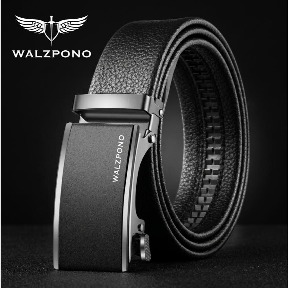 เข็มขัดผู้ชาย WALZPONO สำหรับทุกโอกาส เข็มขัดหนัง PU อัตโนมัติ ปรับขนาดได้ สไตล์ธุรกิจและสไตล์สบายๆ สีดำคลาสสิก