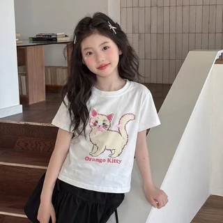 เสื้อยืดแขนสั้นสำหรับเด็กผู้หญิง ตกแต่งด้วยโบว์ 3 มิติและลายการ์ตูนน่ารัก ดีไซน์เก๋ไก๋ ใส่ได้หลายโอกาส ทันสมัยและน่ารัก