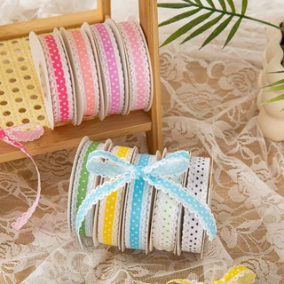 ริบบิ้นผ้าลายจุดแต่งลูกไม้ กว้าง 1.5 CM | ริบบิ้นตกแต่ง DIY งานแฮนด์เมด งานของขวัญ โบว์แพ็คของ คุณภาพดี พร้อมส่งจากไทย