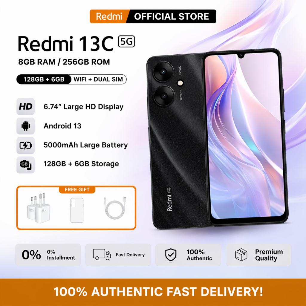 สมาร์ทโฟน Redmi 13C 4G/5G มาพร้อมหน้าจอขนาดใหญ่พิเศษ 6.74 นิ้ว กล้อง AI 50MP + 5MP แฟลช 18W และแบตเตอรี่ 5000mAh ทางร้าน