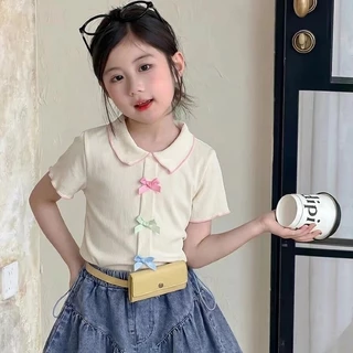 เสื้อยืดแขนสั้นสำหรับเด็กผู้หญิง ดีไซน์เก๋และน่ารัก ตกแต่งด้วยโบว์สามมิติ ทำจากผ้าไหมน้ำแข็งเนื้อเบาและระบายอากาศได้ดี