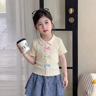 เสื้อยืดแขนสั้นสำหรับเด็กผู้หญิง ดีไซน์เก๋และน่ารัก ตกแต่งด้วยโบว์สามมิติ ทำจากผ้าไหมน้ำแข็งเนื้อเบาและระบายอากาศได้ดี