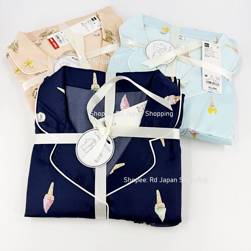 พร้อมส่งที่ไทย ชุดนอน GU ของแท้ จากญี่ปุ่น แขนสั้น ขาสั้น แมว ส้ม น้ำเงิน สีฟ้า จียู กู