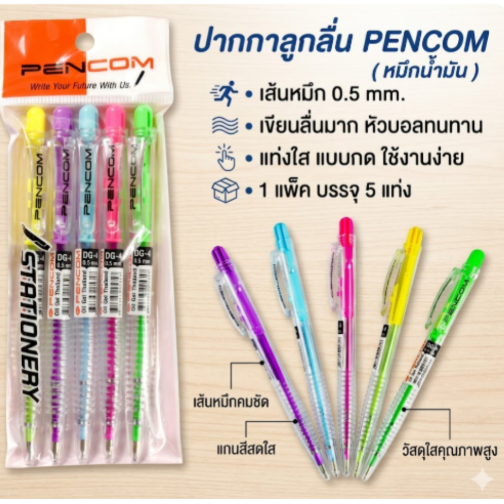 ปากกาลูกลื่น สีน้ำเงิน หมึกน้ำมัน แบบกด แพ็ค5แท่ง (BA217)