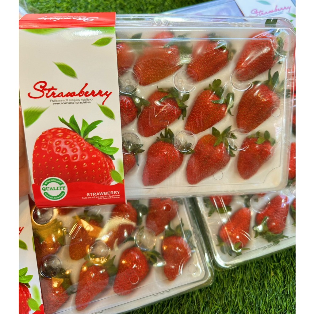 🍓 สตอเบอรียี่ห้อขายดี นำเข้าจากจีน สีแดงสด รสชาติหวานหอมเนื้อฉ่ำอร่อยมาก ( 1 แพ๊ค 15-20 ลูก น้ำหนัก 300 กรัม)