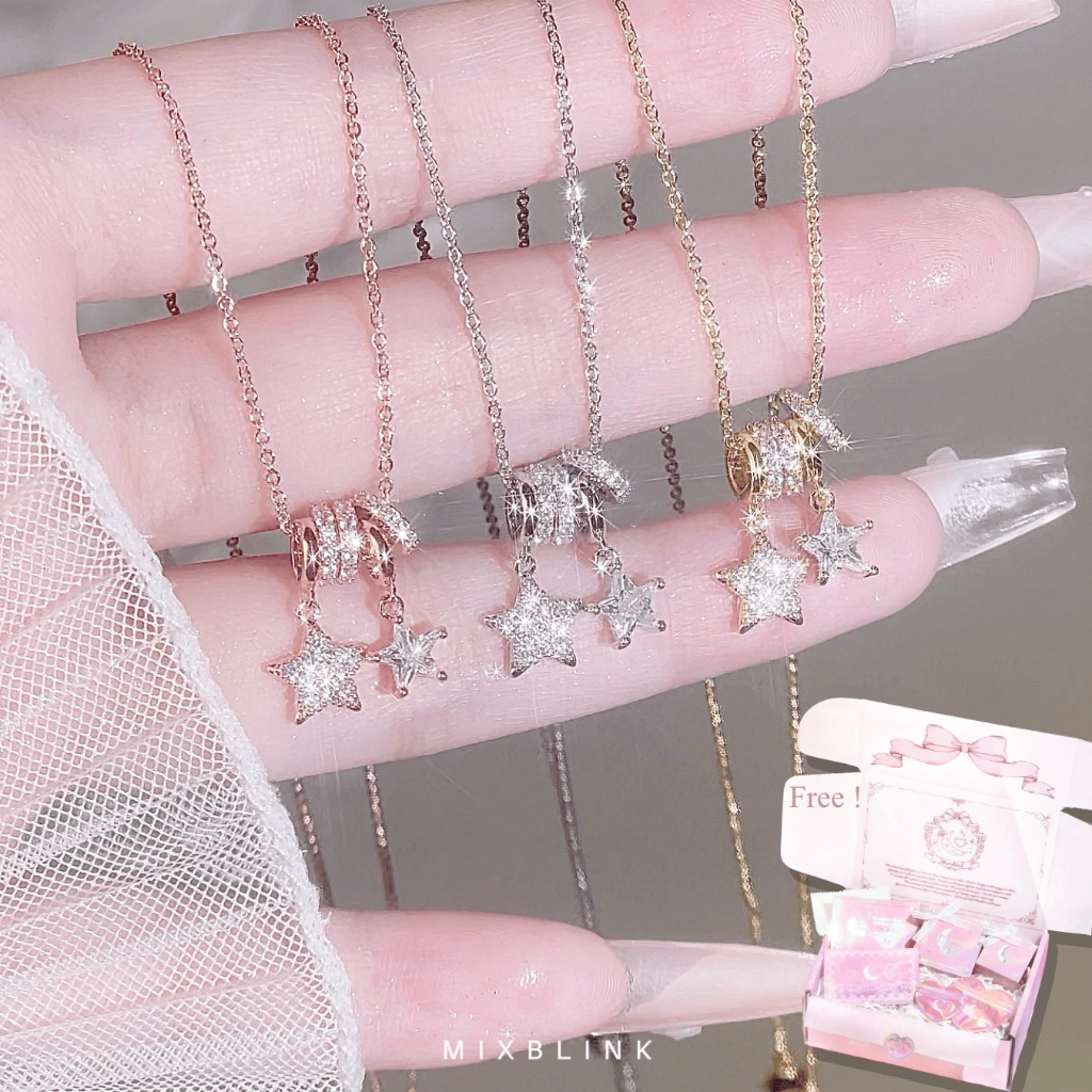 สร้อยคอ ทองเหลืองชุบหนาพิเศษ ส่งฟรี EMS ♡ รุ่น Starlis ♡ - จี้ดาว 2 ดวง เรียบหรู ประดับเพชร cz MixBlink
