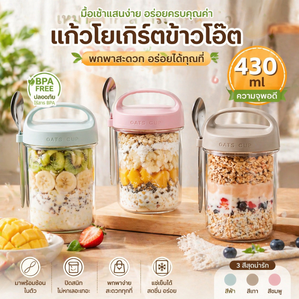 ถ้วยอาหารเช้า แก้วน้ำพกพา พร้อมฝาปิด พร้อมช้อน 430ml แก้วพกพาปิดสนิท ถ้วยข้าวโอ๊ต
