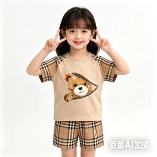 BB258 ชุดเด็กแฟชั่นหมีน้อย เสื้อแขนสั้นลายหมี + กางเกงขาสั้นลายตาราง ใส่ได้ทั้งเด็กหญิงเด็กชาย