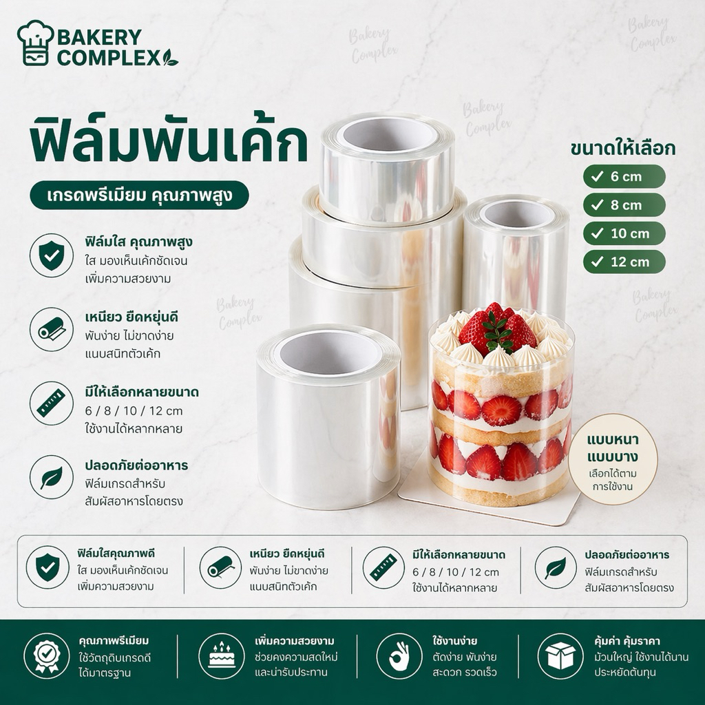 ฟิล์มพันเค้กแบบใส พลาสติกพันเค้ก แบบใส แบบมีลาย ให้เลือกเยอะมาก แบบสวยเรียบคุมโทนก็มี WB