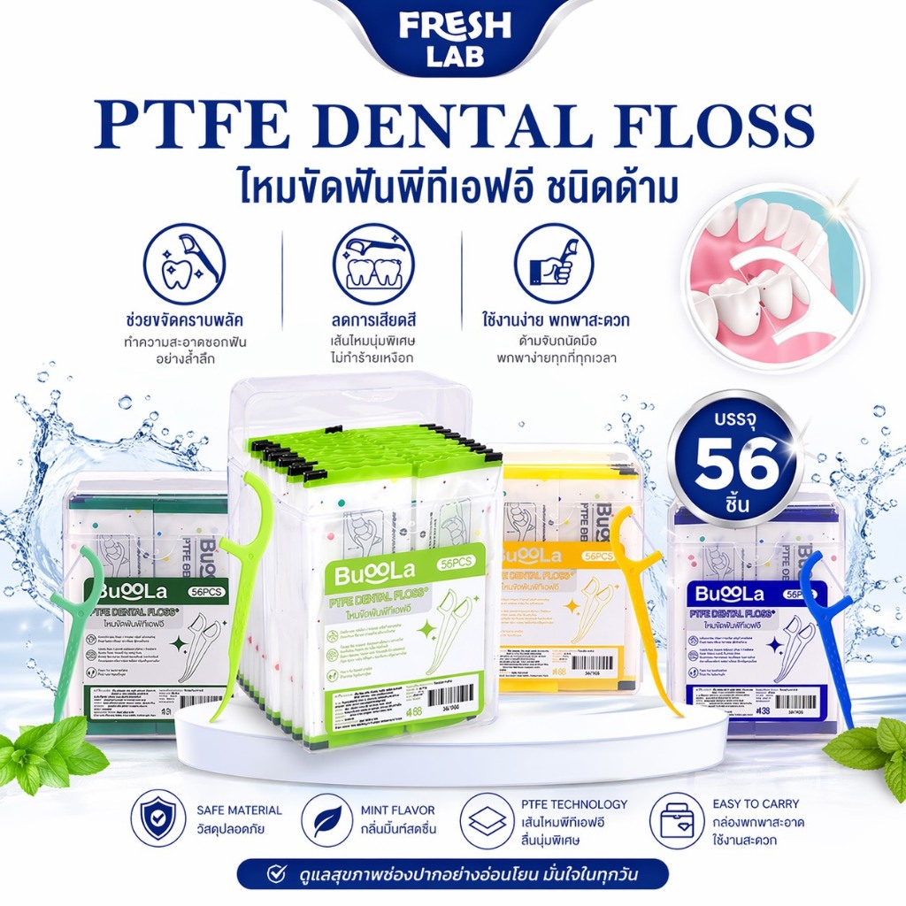 BUOOLA ไหมขัดฟันชนิดด้าม ไหมPTFE Dental Floss ขจัดคราบพลัค ลดการเสียดสี (1 กล่อง 56 ชิ้น)