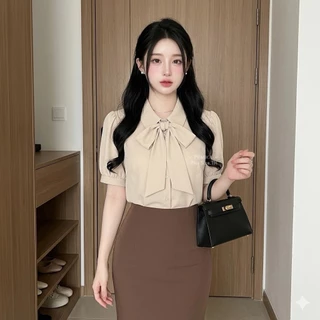 C38 🎀 [S - XXXXXL] เสื้อเชิ้ตผู้หญิงคอปก แต่งโบว์ (ถอดโบว์ได้) ขนาดพลัสไซส์ อก 32 - 62 นิ้ว ผ้าใส่สบาย ไม่ร้อน ทรงสุภาพ