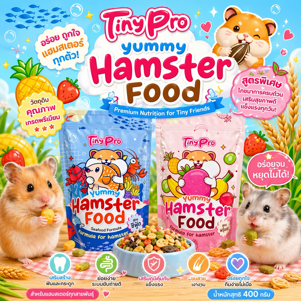 ล็อตใหม่🐹 TinyPro Yummy Hamster Food อาหารสำหรับหนูแฮมสเตอร์ ทุกสายพันธุ์ 400 กรัม