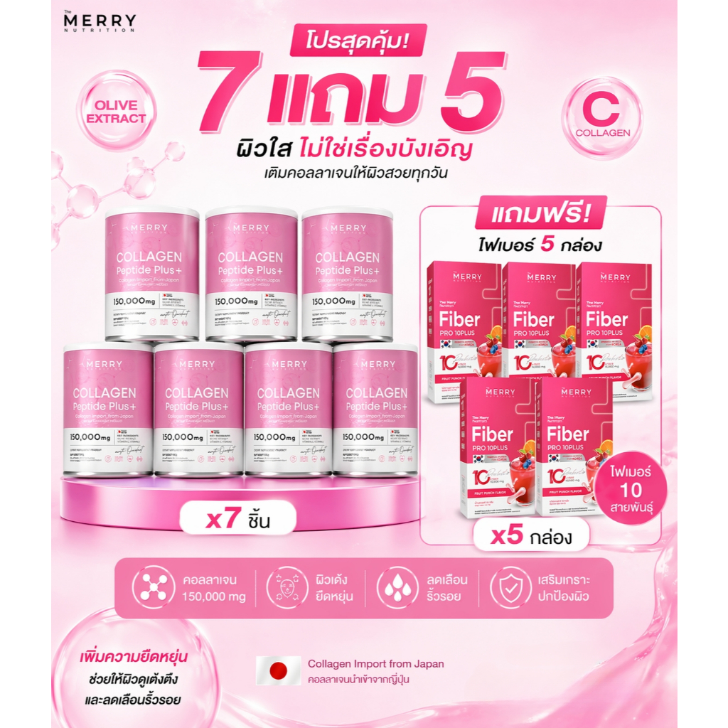 [Collagen Peptide Plus+ 7 กระปุก เเถม Fiber PRO10 Plus (7ซอง) 5 กล่อง]
