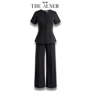 Thealner-AN257 (เซตเสื้อลายริ้วแขนสั้นแต่งกระดุมหน้ากางเกงขายาว)