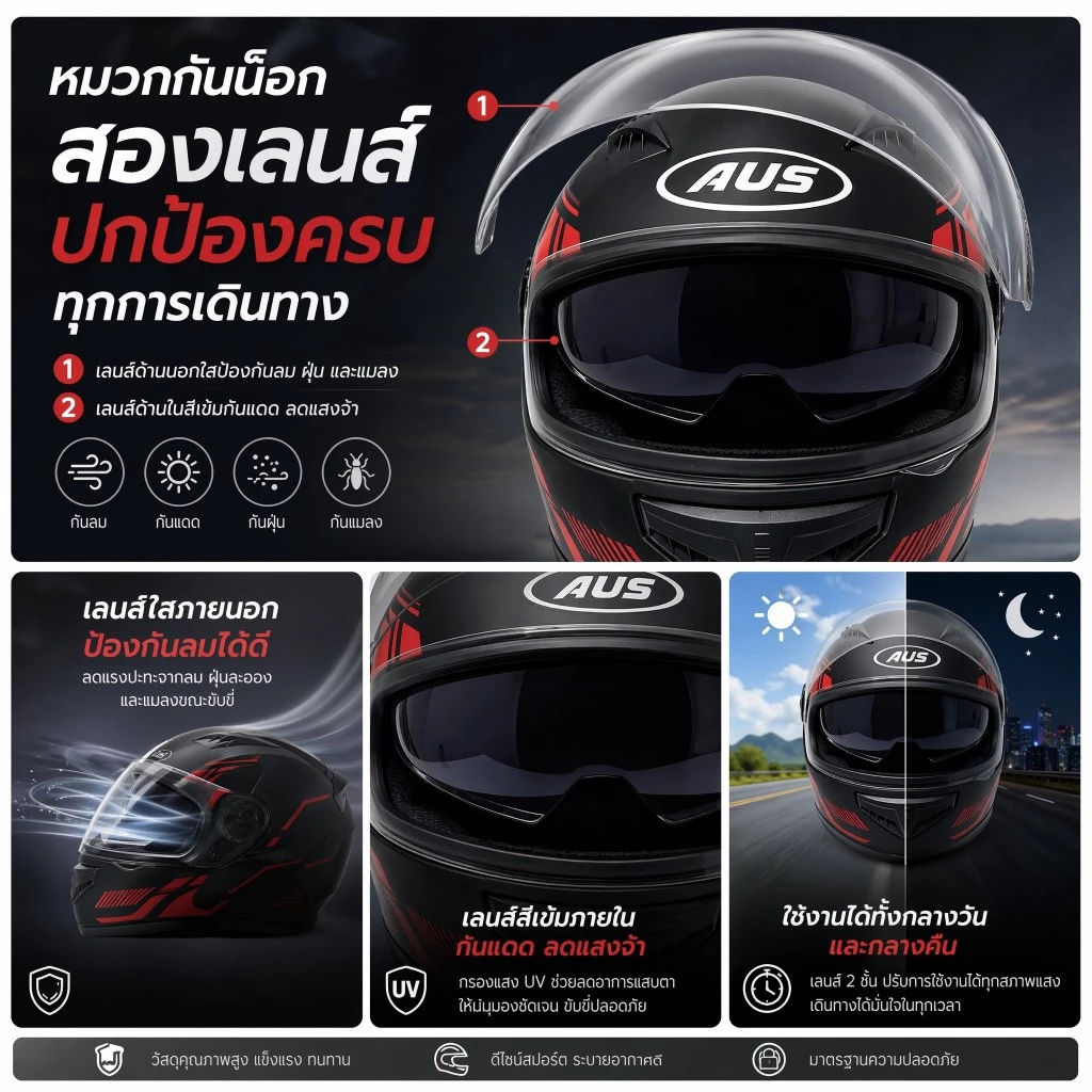 หมวกกันน็อคเต็มใบ AUS เลนส์คู่กันแดดและกันหมอก ปกป้องทุกการขับขี่ thumbnail 4