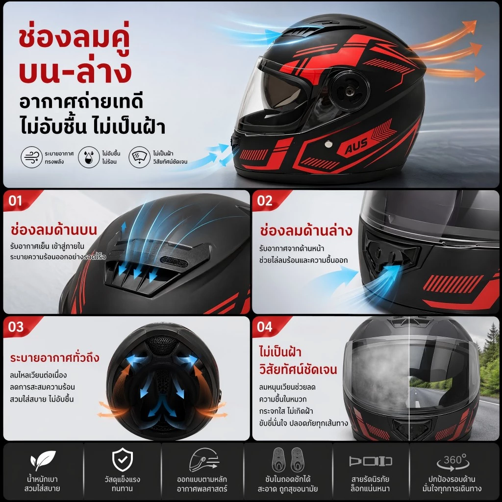 หมวกกันน็อคเต็มใบ AUS เลนส์คู่กันแดดและกันหมอก ปกป้องทุกการขับขี่ thumbnail 5