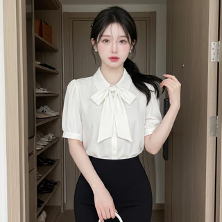 C38 🎀 [S - XXXXXL] เสื้อเชิ้ตผู้หญิงคอปก แต่งโบว์ (ถอดโบว์ได้) ขนาดพลัสไซส์ อก 32 - 62 นิ้ว ผ้าใส่สบาย ไม่ร้อน ทรงสุภาพ