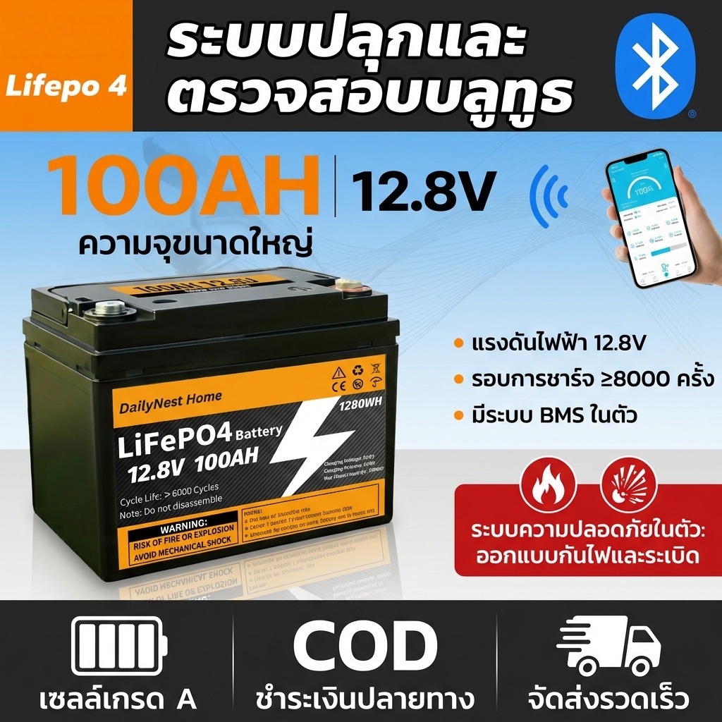 <รับประกัน 10 ปี> 12V 100Ah แบตเตอรี่ LiFePO4 พลังงานแสงอาทิตย์สำหรับเก็บพลังงานฉุกเฉินในบ้าน ไฟ แบตเตอรี่ 3.7V ชาร์จ