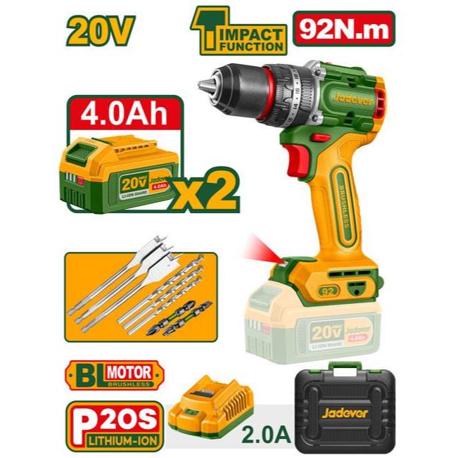 JADEVER สว่านแบตเตอรี่ไร้สาย 20V.(แบตเตอรี่+ที่ชาร์จ) รุ่น JDCDP9281