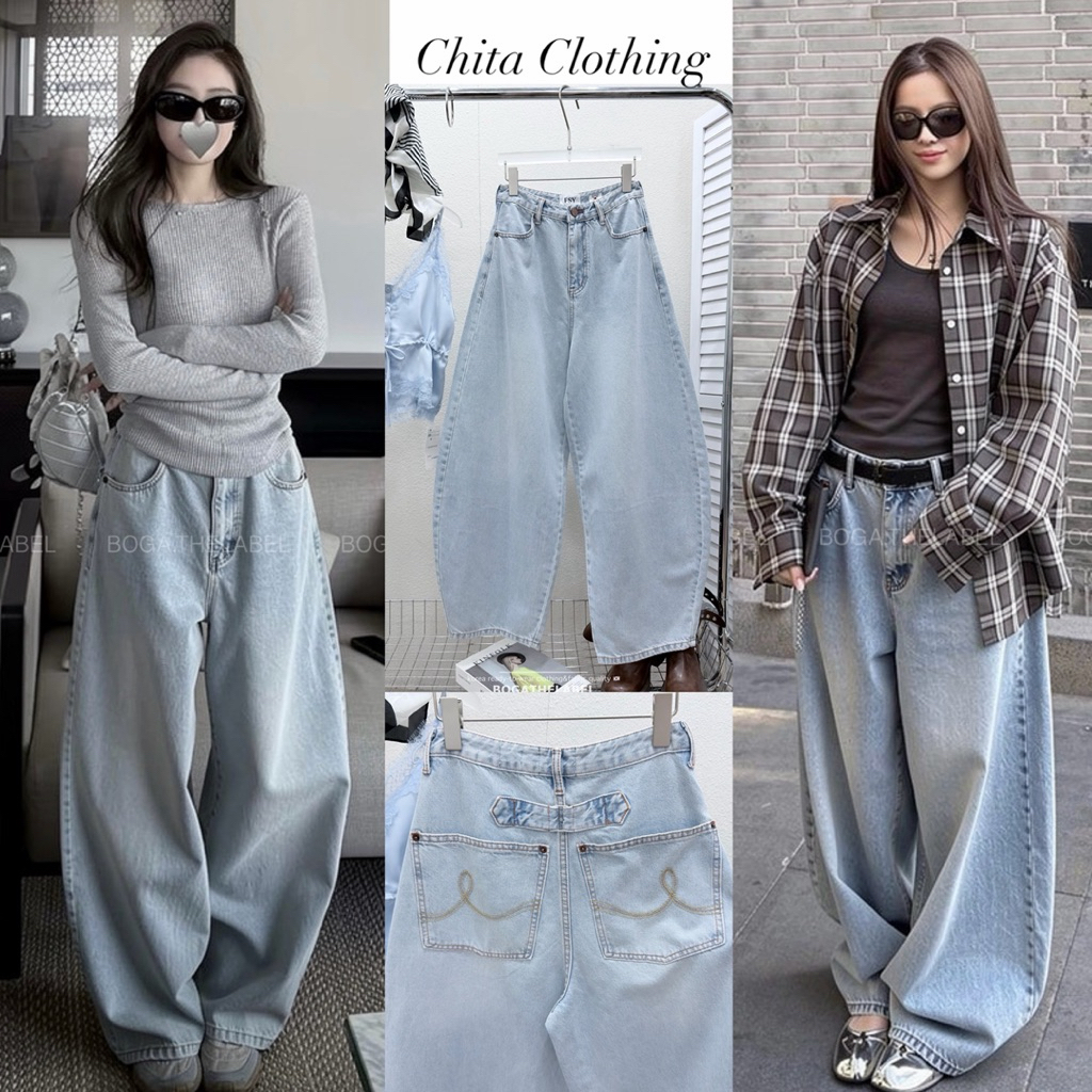 📍พร้อมส่ง L XL📍FSY🇰🇷8955# 90s oversize blue jeans กางเกงยีนส์ฟอกสีอ่อน ทรงโค้งบอลลูน ทรงลูสๆปลายขากองๆหน่อยเก๋สนน.