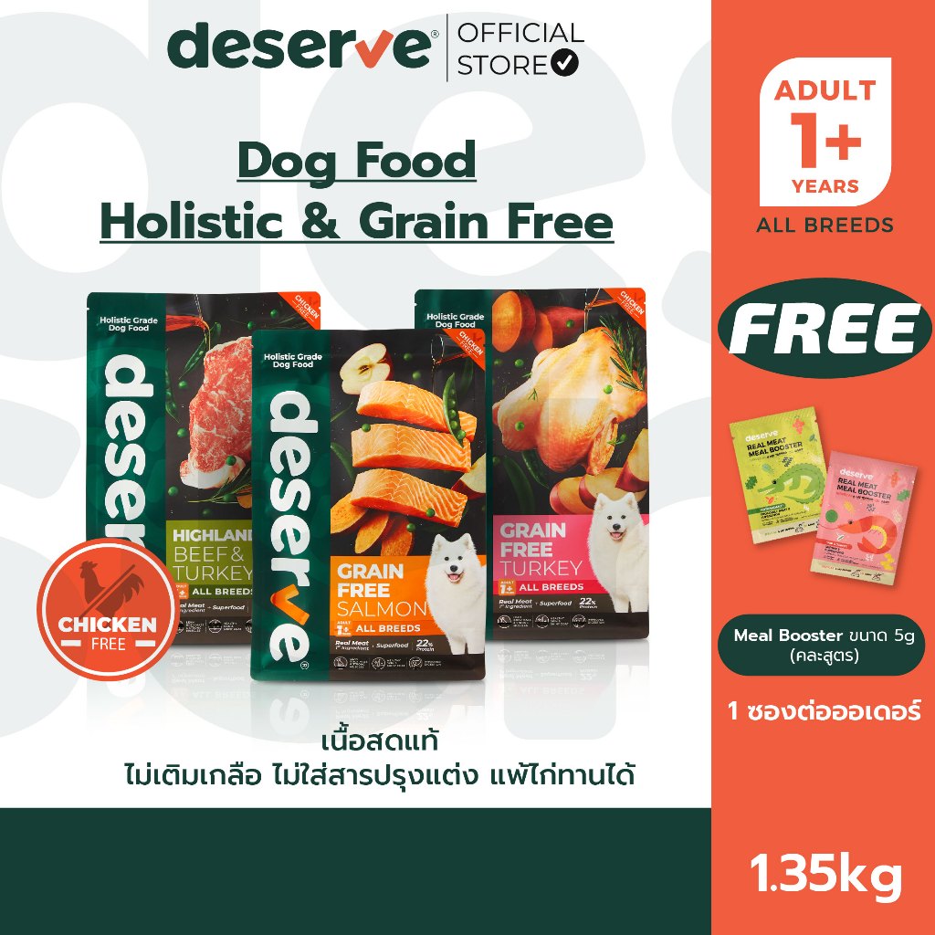 [1.35kg.] DESERVE อาหารเม็ดสำหรับสุนัข Holistic Grain Free แพ้ไก่ทานได้ ลดคราบน้ำตา บำรุงกระดูก