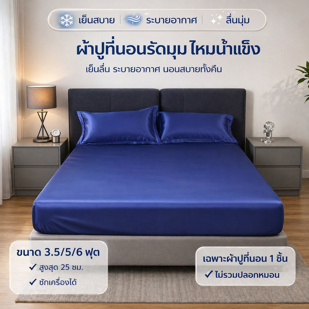 ผ้าปูที่นอนรัดมุม ผ้าไอซ์ซิลค์ เย็นลื่น นุ่มสบาย ไม่เหนียวตัว ไม่อับ ระบายอากาศดี 360° ขนาด 3.5/5/6 ฟุต