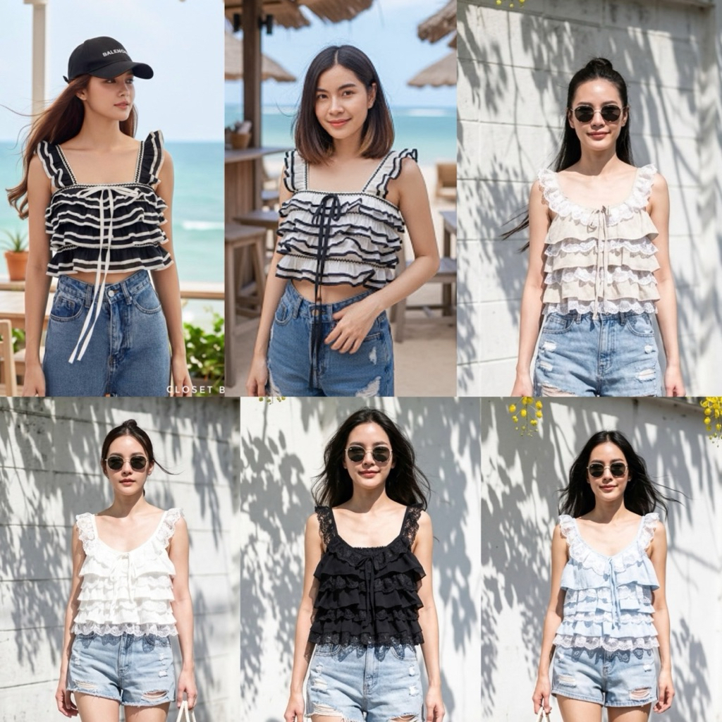 Pancake Top เสื้อครอประบายงานสวยมากก เนื้อผ้าเป็นคลื่อนลอนตัดกุ๊นขอบด้วยสีดำเด่นสะดุดตา