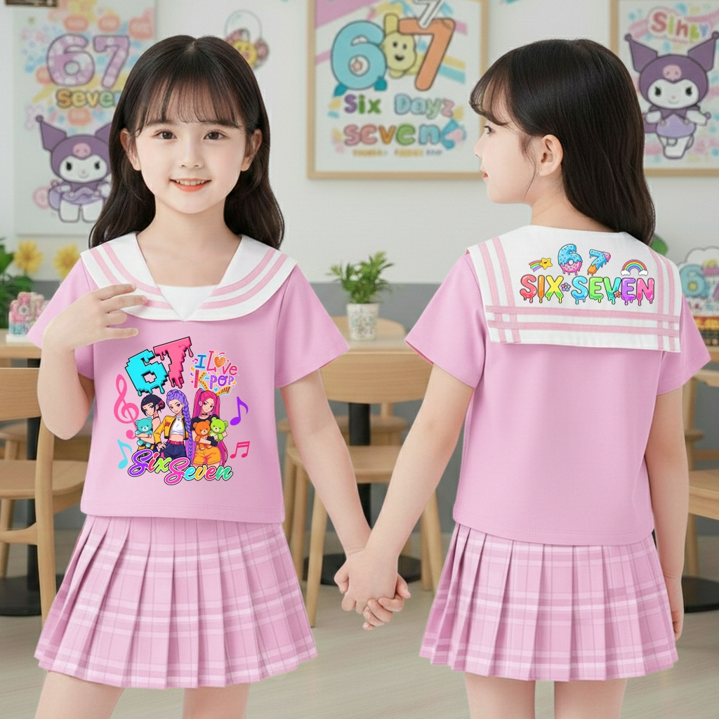 67 ชุดเซ็ทเด็กผู้หญิง สกรีนลายSoda pop หน้าหลัง เสื้อปกทหารเรือ กระโปรงอัดพลีท