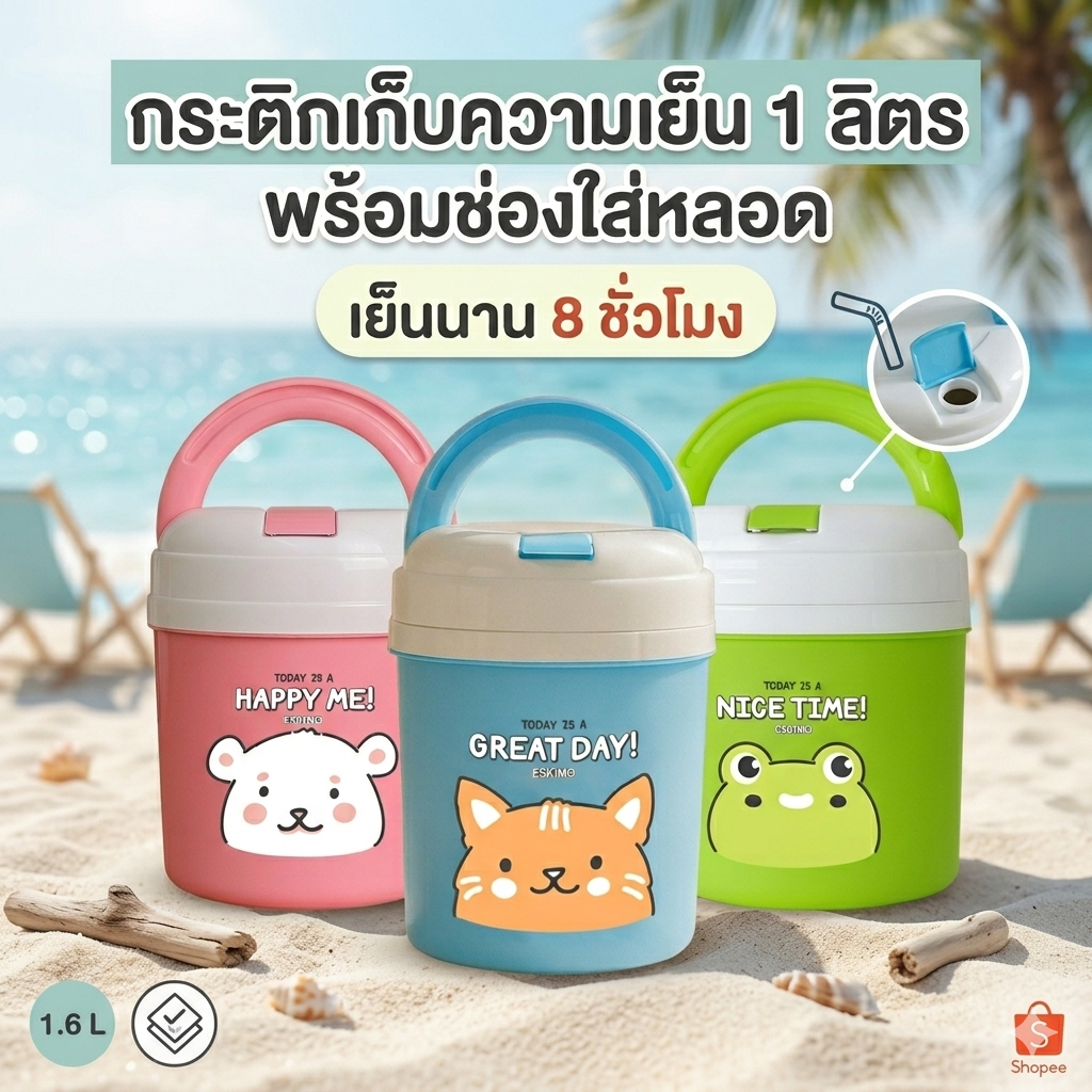 🧊ขายดี🧊☃️ 1 ลิตร ❄ Eskimo กระติกน้ําแข็ง กระติกน้ําแข็งทรงกลม เก็บความเย็น 12 ชม. หูหิ้ว แบบพกพา ช่องใส่หลอด HC-100B