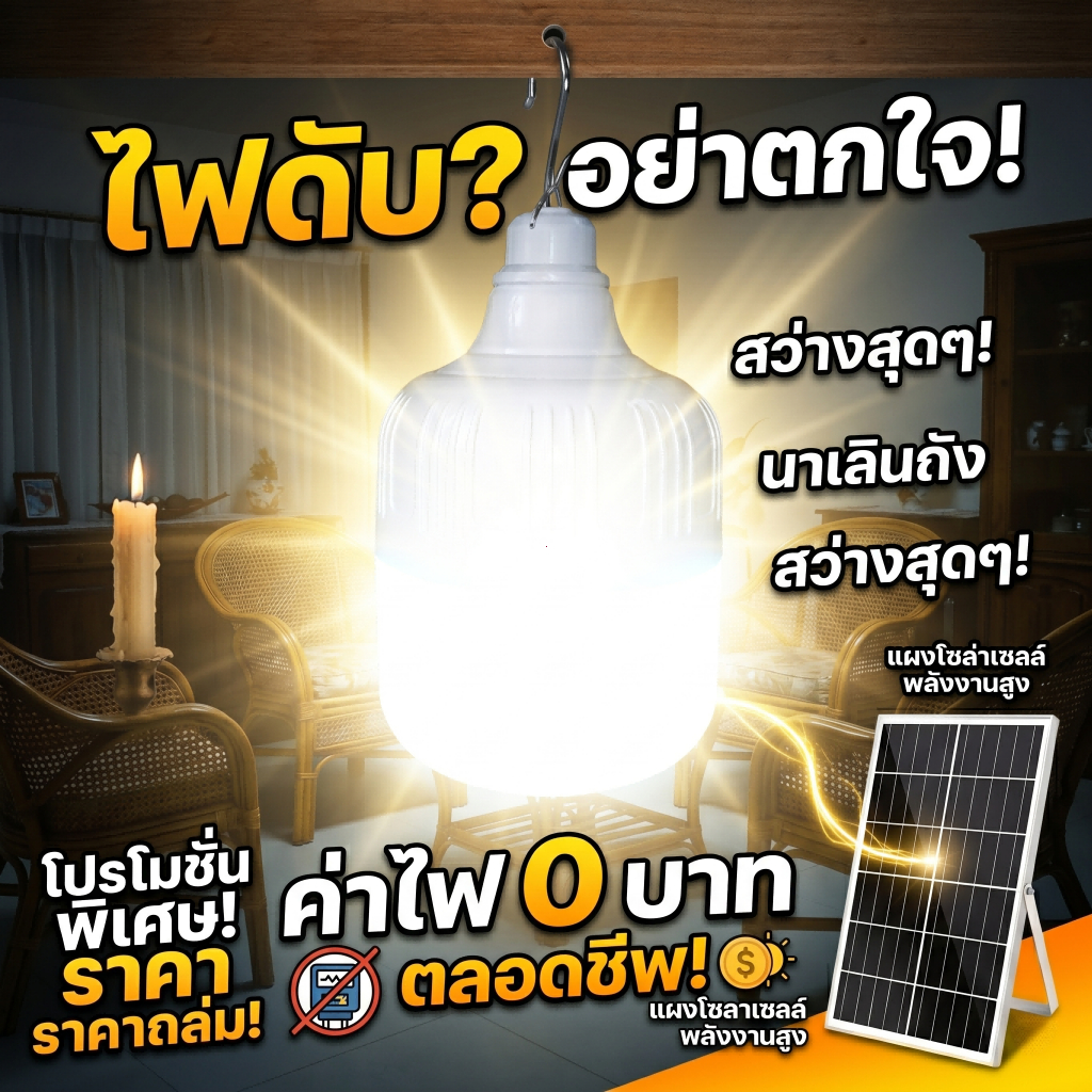 ไฟตุ้มโซล่าเซลล์ 200000W หลอดไฟโซล่าเซลล์ สว่างตาแตก สว่างมาก กันน้ำ IP67  ไฟแคมป์ปิ้ง ไฟตลาดนัด ค่าไฟ 0 บาท รับประกัน