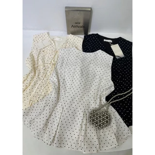 B681 เสื้อแขนกุดลายจุด ผูกโบว์หน้า เอวระบาย