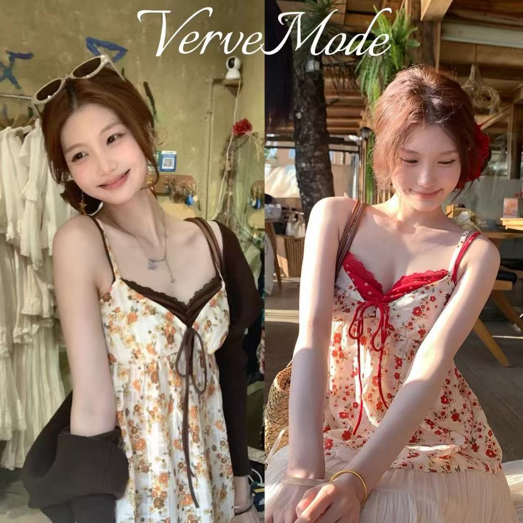 VerveMode.🍓 จัดส่งในประเทศไทย🍓เสื้อสายเดี่ยวสองชิ้นพิมพ์ลายดอกไม้สไตล์น่ารัก เหมาะสำหรับใส่ลำลองในฤดูร้อน