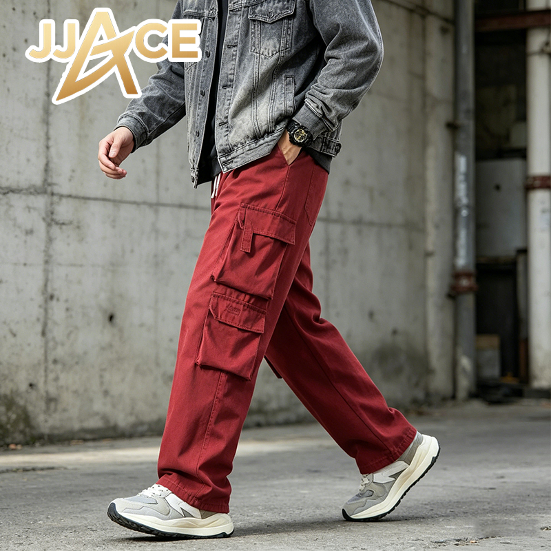 กางเกงคาร์โก้JJACE สีแดงใหม่ กางเกงผู้ชายสไตล์ฮิปฮอป ใส่ได้ทุกวัน
