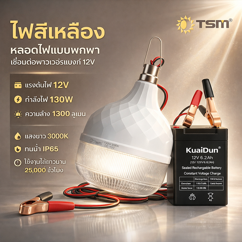 ไฟคีบแบตเตอรี่ 12V 130W LED เหลือง ไฟสว่างมาก สายยาว 3 เมตร หลอดไฟพกพา ใช้กับรถยนต์/มอเตอร์ไซค์ ไฟฉุกเฉิน ไฟแคมป์ปิ้ง รุ