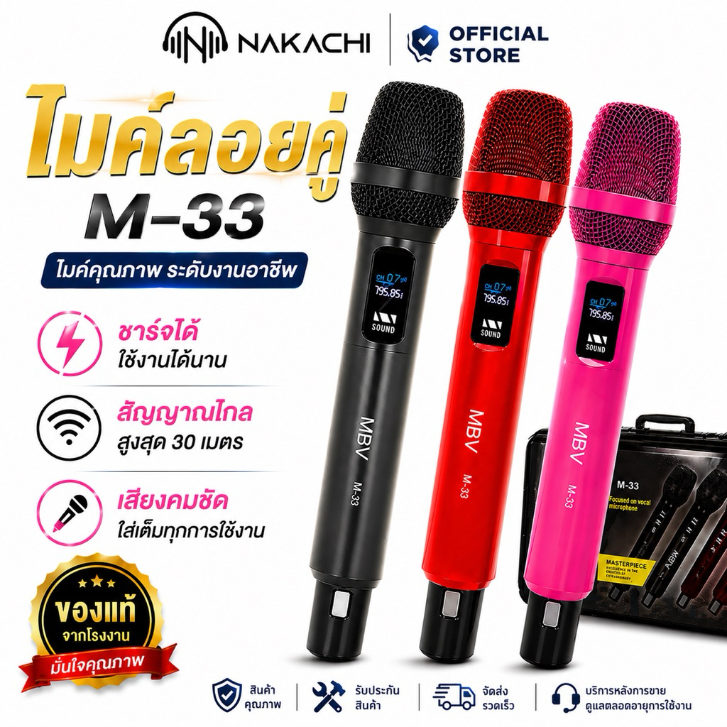 NAKACHI ไมค์ลอยคู่ M33 ชาร์จแบตในตัว ปรับเสียง-เอคโค่ได้ เสียงชัด