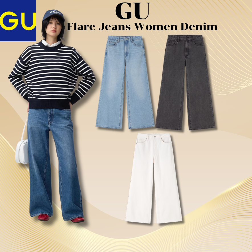 GU Baggy Flare Jeans Women Denim Pants Long Leg Flattering Casual Vintage J-fashion