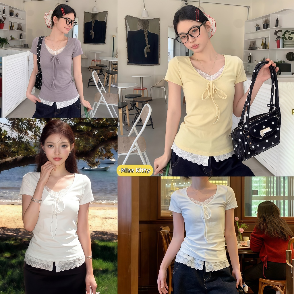 Miss Kitty เสื้อยืดแขนสั้นคอวีลูกไม้สายริบบิ้น ดีไซน์สองชั้น สไตล์เกาหลี ทรงรัดพอดี-FY2152