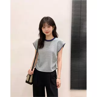 พร้อมส่งในไทย** เสื้อยืดคอปก ลายทาง เสื้อแขนกุด ขนาดเดียว Y329