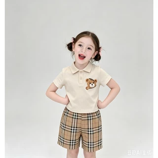 MC259 ชุดเด็กน่ารัก สไตล์เกาหลี เสื้อหมี + กางเกงลายสก็อต พร้อมส่ง