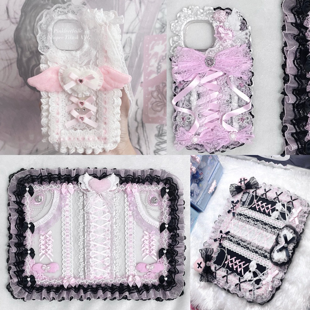 เคสไอโฟน ลูกไม้ รับออกแบบคัสต้อมโทนขาวดำชมพู เคสโทรศัพท์