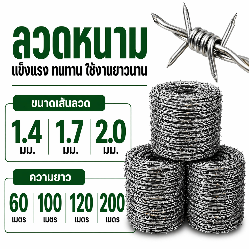 ลวดหนามกัลวาไนซ์ ยาวสะใจ 60 100 120 200 เมตร(ลวดเบอร์#14 #16 #17) ราคาถูก ลวดหนามทำรั้ว  รวดหนาม ทหาร