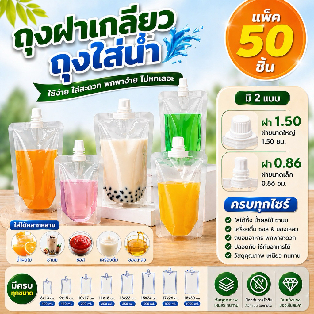 (รุ่นใส) ถุงฝาเกลียว ถุงใส่น้ำ ก้นตั้งได้ (50 ใบ) แยกน้ำ แยกกาแฟ ชาไข่มุก ถุงเครื่องดื่ม