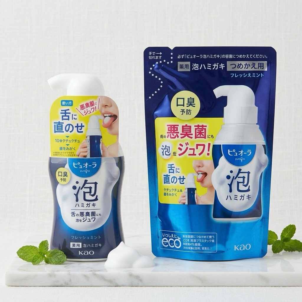พร้อมส่งในไทย Kao PureOra Foam Toothpaste ยาสีฟันแบบเนื้อโฟม เนื้อโฟมแตกตัวซอกซอนเข้าไปกำจัดแบคทีเรียที่สะสมอยู่ตามร่องล