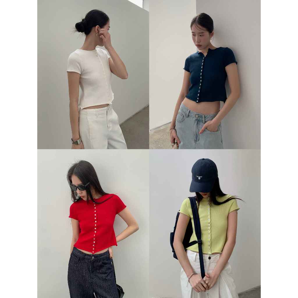INBYIN - เสื้อแขนสั้นกระดุมหน้าผ้าไหมพรม COTTON BOTTON TOP - I3414