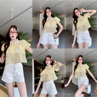 (อก28-34) เสื้อคอผูกโบว์แขนบอลลูนผ้าโรซี่ เสื้อแขนบอลลูน ใส่แล้วดูน่ารักลูกคุณหนูมาก