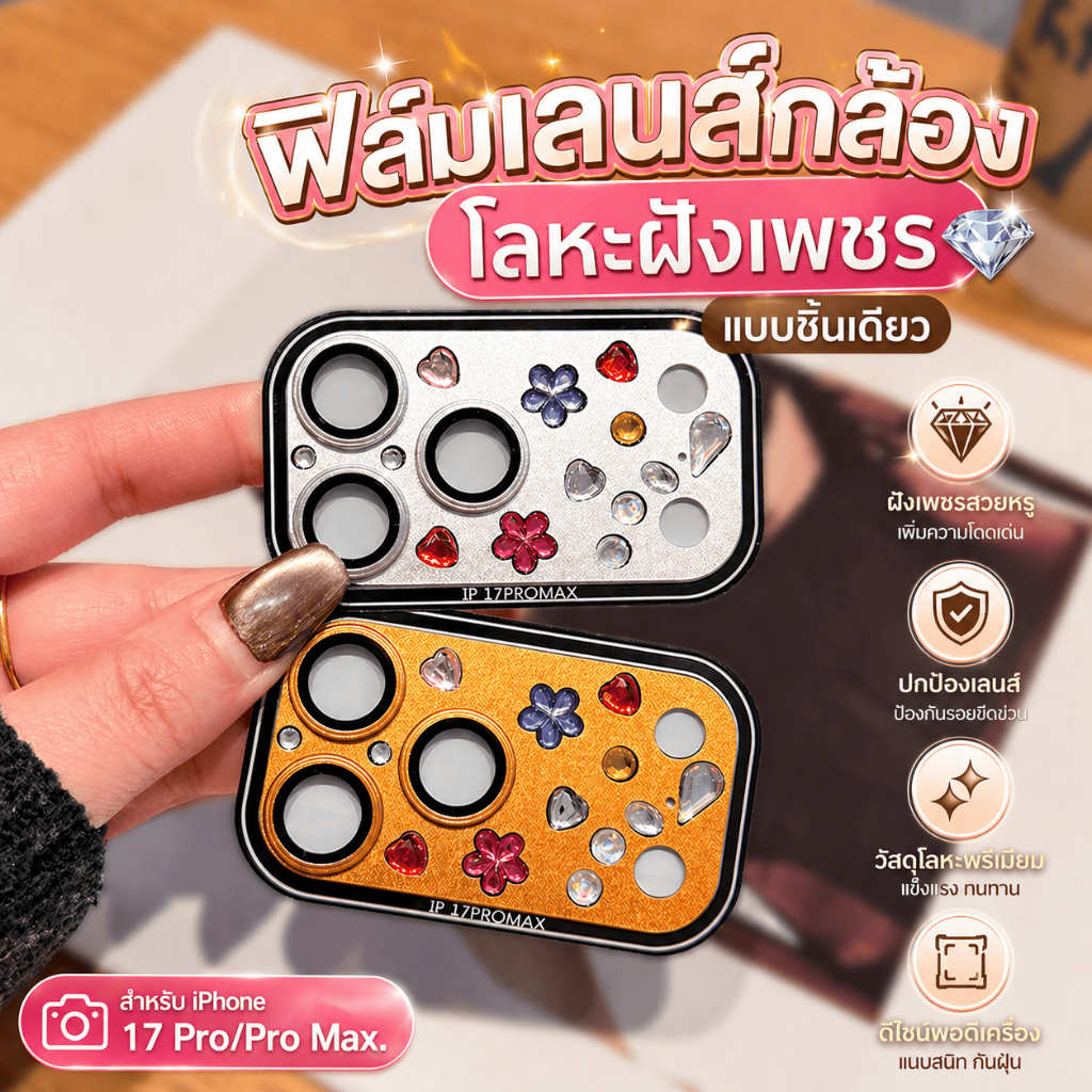 ฟิล์มเลนส์ Phone17Pro/17ProMaxโลหะชิ้นเดียว ฝังเพชรลายดอกไม้ ครอบเต็มเลนส์ กันกระแทก กันรอยใสไม่บังกล้อง ดีไซน์หรู 17PM
