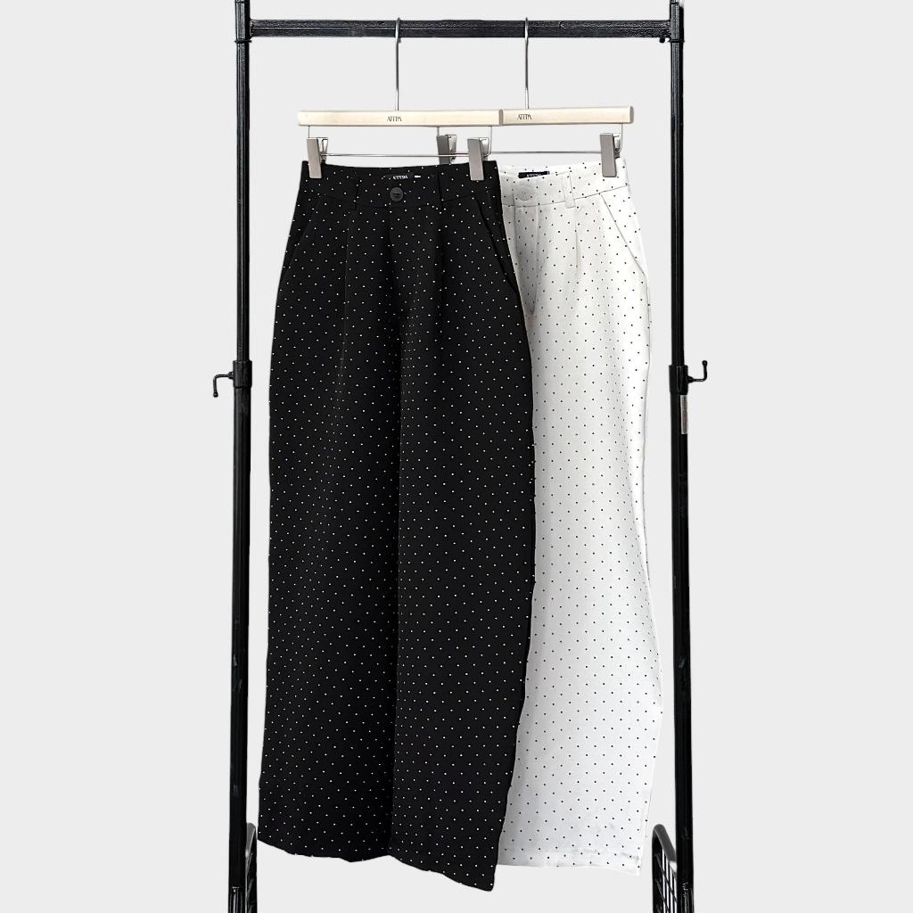 Atipashop - Paris Dot Barrel Pants กางเกงขายาวทรงบาร์เรียล ดีเทลโพกาดอท