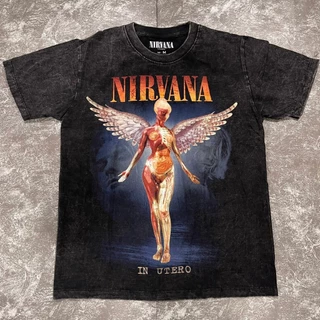 เสื้อยืดผ้าฟอก-ผ้าดำ Nirvanaนางฟ้า(Rockteeเรืองแสง) ผ้าCotton100