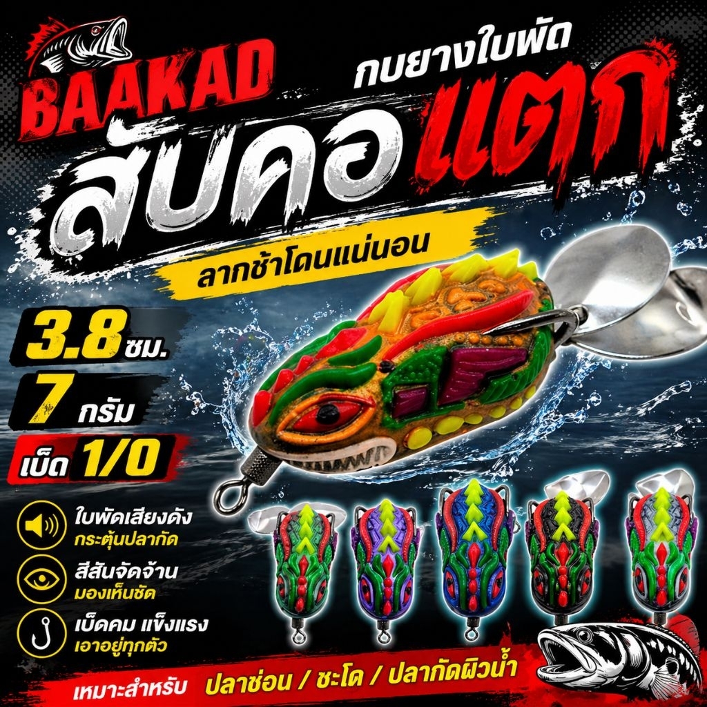 BAAKAD กบยางใบพัด “สับคอแตก” 3.8 ซม. 7 กรัม เบ็ด 1/O ลากช้าโดนแน่นอน