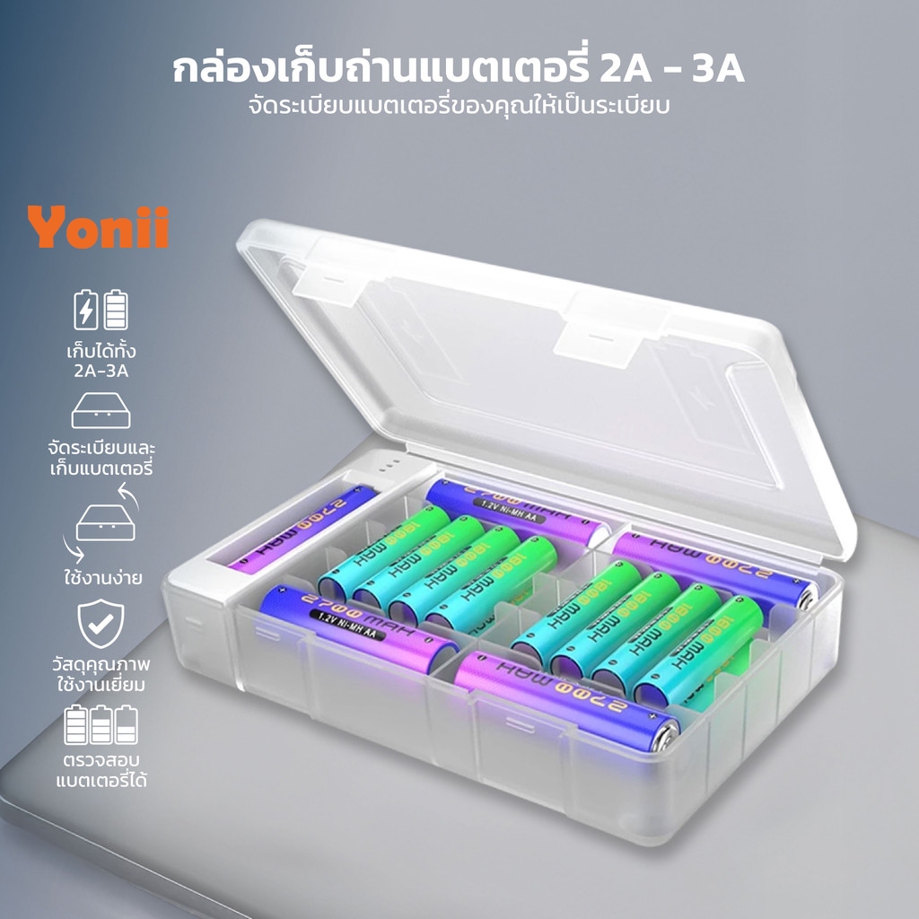 Yonii กล่องเก็บแบตเตอรี่ 2A 3A ตรวจสอบแบตได้ จัดเก็บเป็นระเบียบ วัสดุแข็งแรง